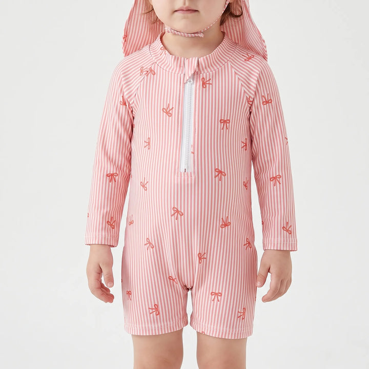 Baby long sleeve rash guard swimsuit with UPF 50+ for sun protection. Includes swim shorts & sun hat for infants.