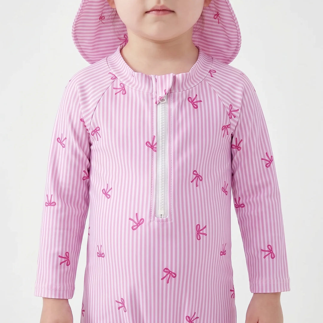 Infant UPF 50+ rash guard swim set with long sleeve shirt, shorts & sun hat. Ideal baby pool or beach outfit.