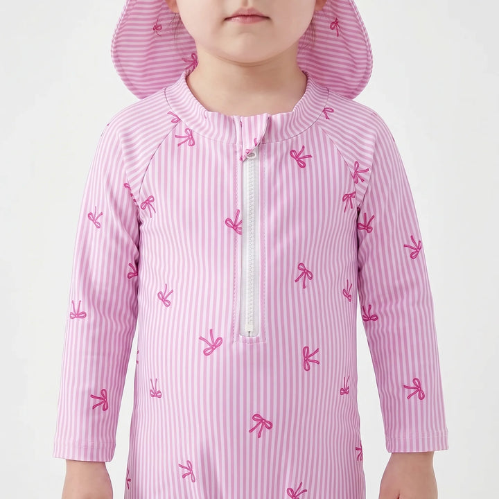 Infant UPF 50+ rash guard swim set with long sleeve shirt, shorts & sun hat. Ideal baby pool or beach outfit.