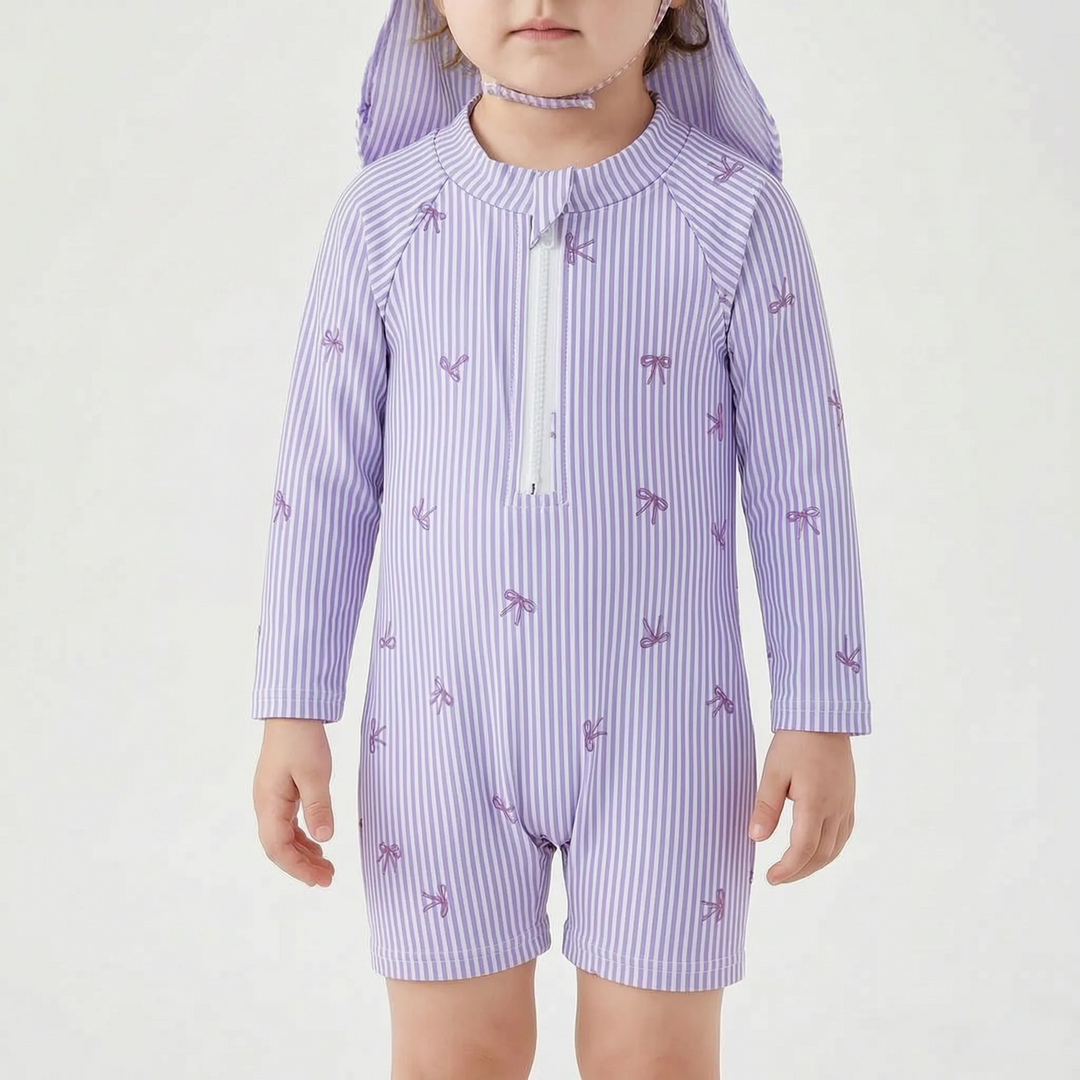 Comfortable baby rash guard swim set, UPF 50+ sun protection. Long sleeve top, shorts & matching hat for infants.