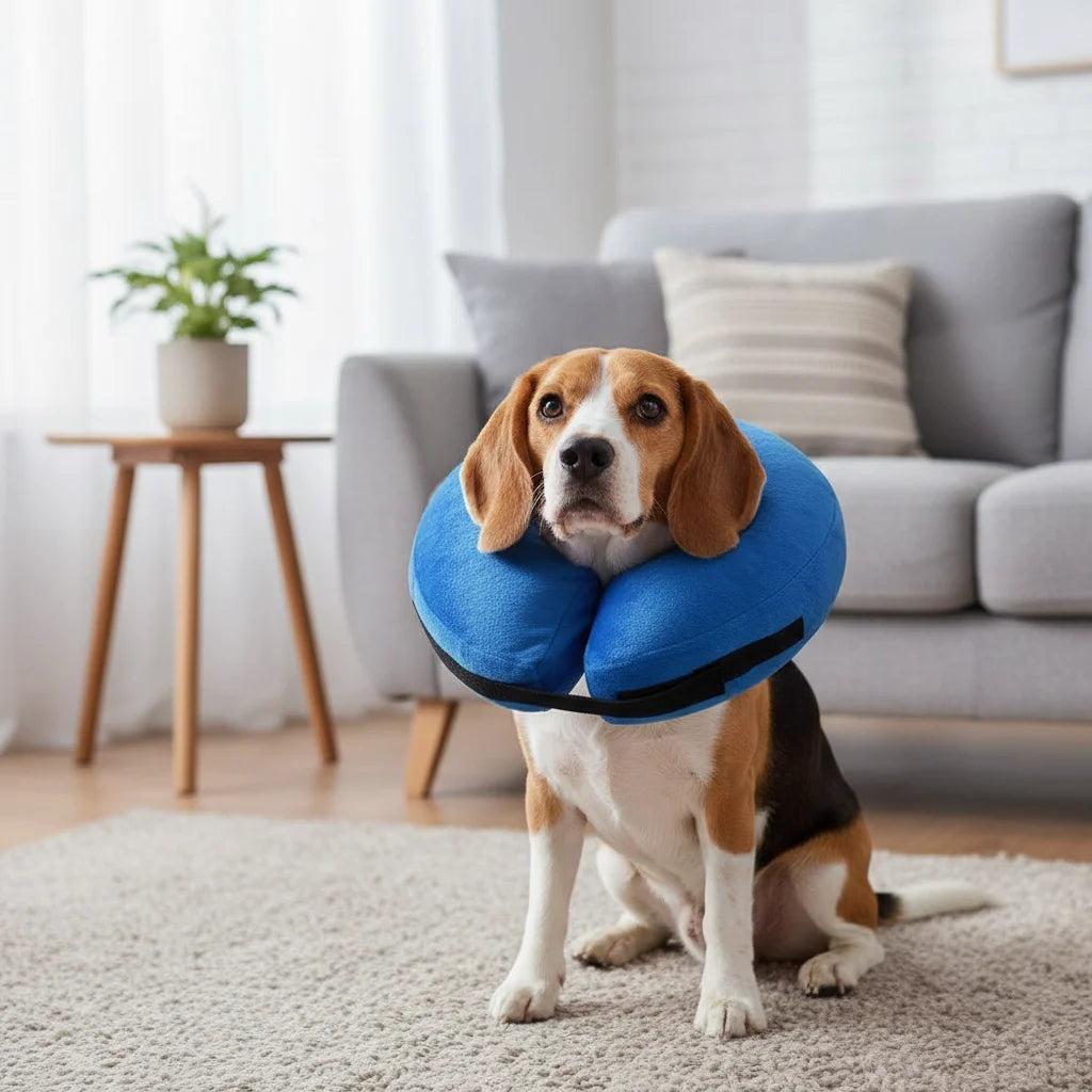 Comfortable inflatable dog collar, a soft recovery cone alternative for pets.