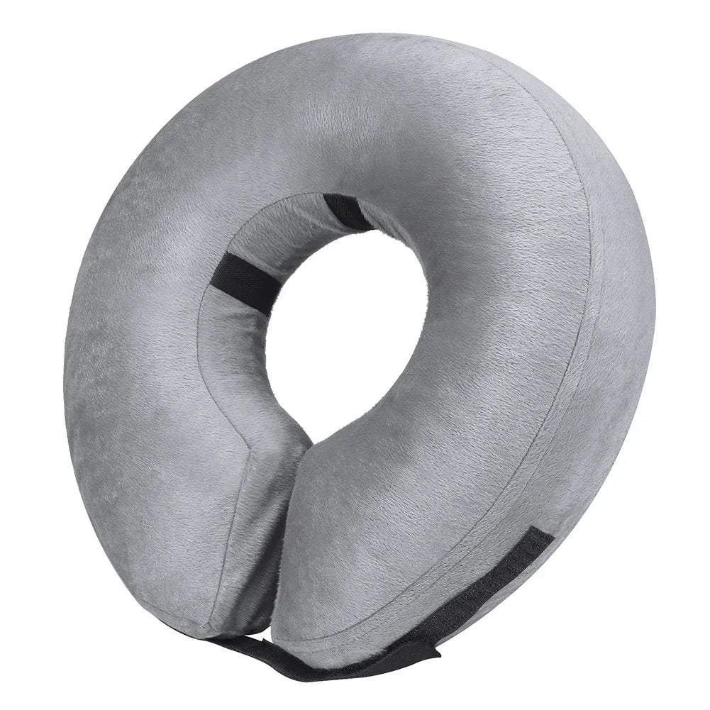 Inflatable pet Elizabethan collar, a comfortable and soft alternative to hard cones.