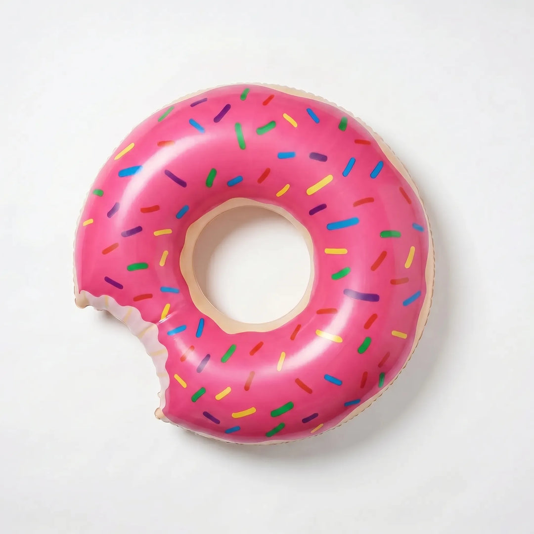 Sweet treat! Inflatable donut pool float with colorful sprinkles. Essential swim ring for summer fun & relaxation.