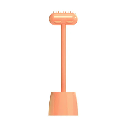 Pet owner using the grooming massage brush on a happy dog for deshedding