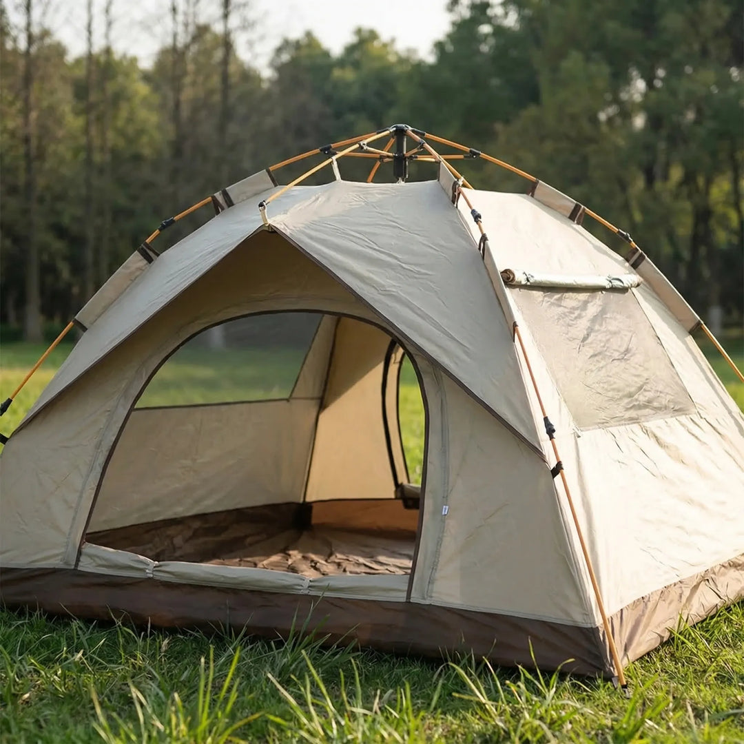 Instant pop-up dome camping tent for quick outdoor setup, waterproof and UV protected for hikers and travelers.