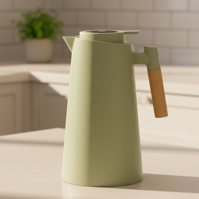 Insulated carafe with digital temperature display & stylish wooden handle. Keeps hot drinks warm, cold drinks cool.