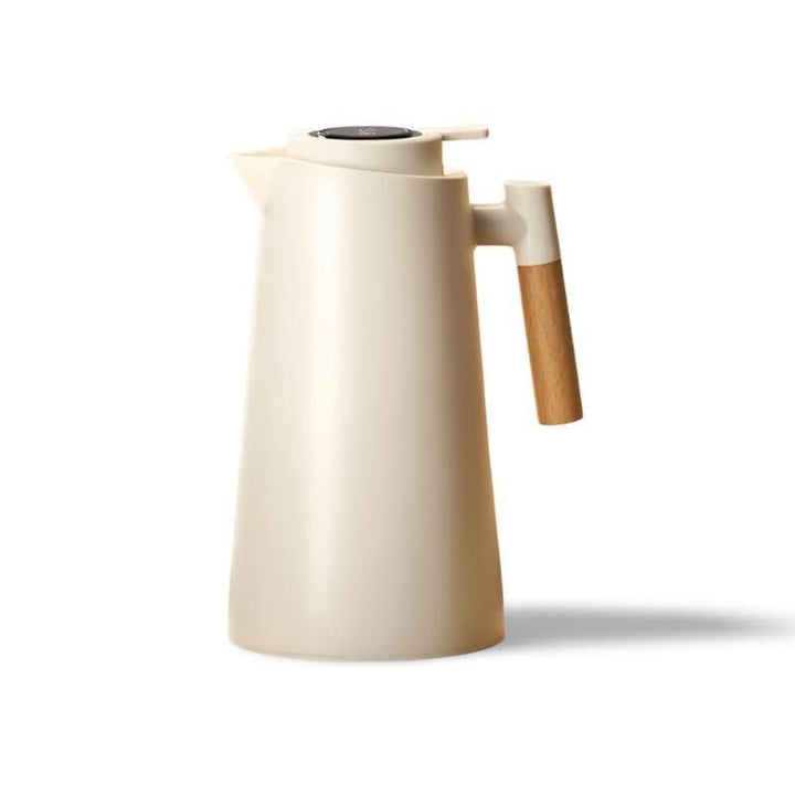 Digital temp display thermal pitcher with a beautiful wooden handle. Great for entertaining or daily use.