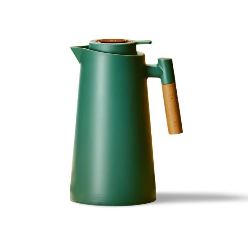 Sleek insulated carafe with digital temperature display & rustic wooden handle. Perfect for any kitchen.