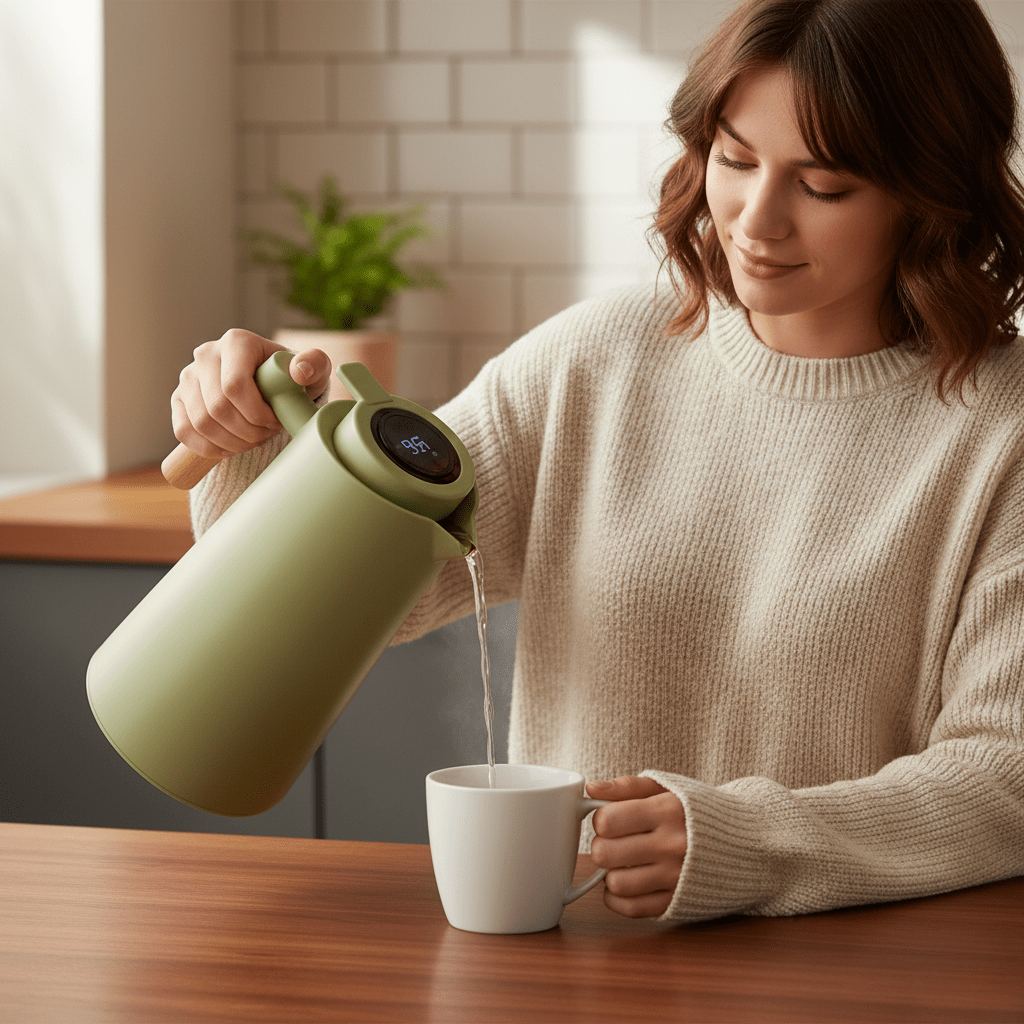 Premium stainless steel thermos flask. Digital temp display shows beverage temperature. Ideal kitchen accessory.