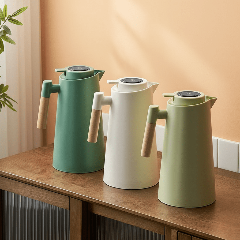 Leak-proof thermal pitcher with a sleek design, digital temperature display & comfortable wooden handle.
