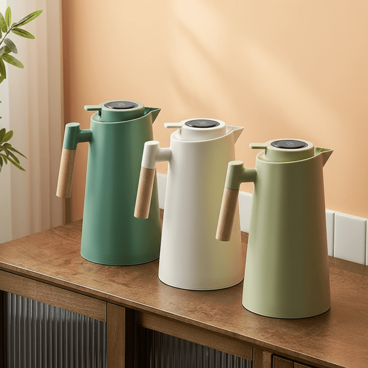Leak-proof thermal pitcher with a sleek design, digital temperature display & comfortable wooden handle.