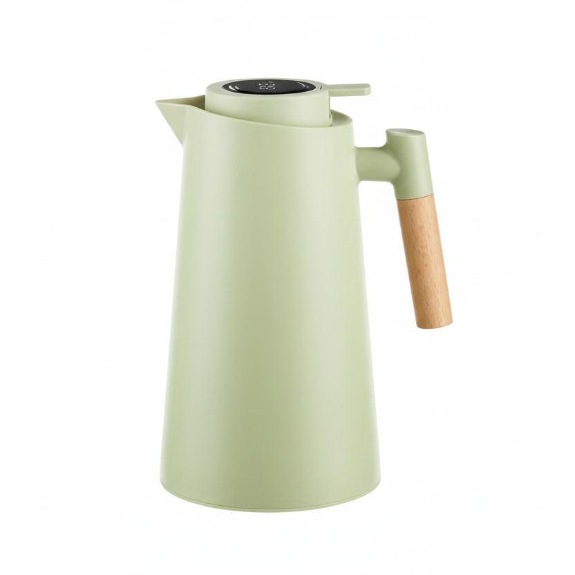 Beverage container: insulated carafe with digital temperature display. Keeps drinks at desired temp all day.