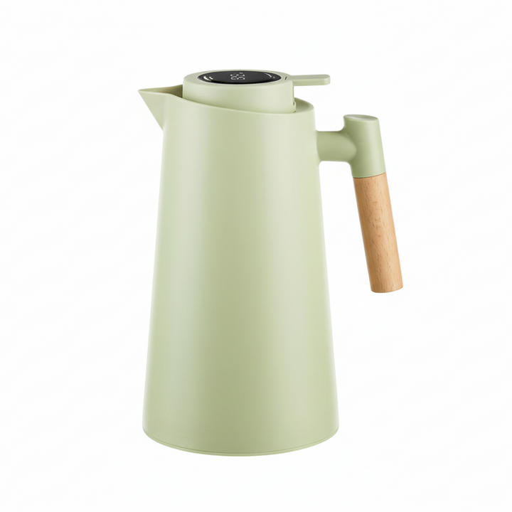 Beverage container: insulated carafe with digital temperature display. Keeps drinks at desired temp all day.