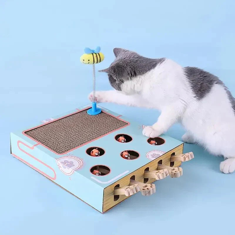 Kitten and cat activity center with integrated scratching post and peek-a-boo features