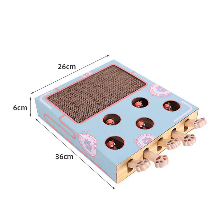 Multi-functional cat play box offering interactive mental stimulation and a scratching area