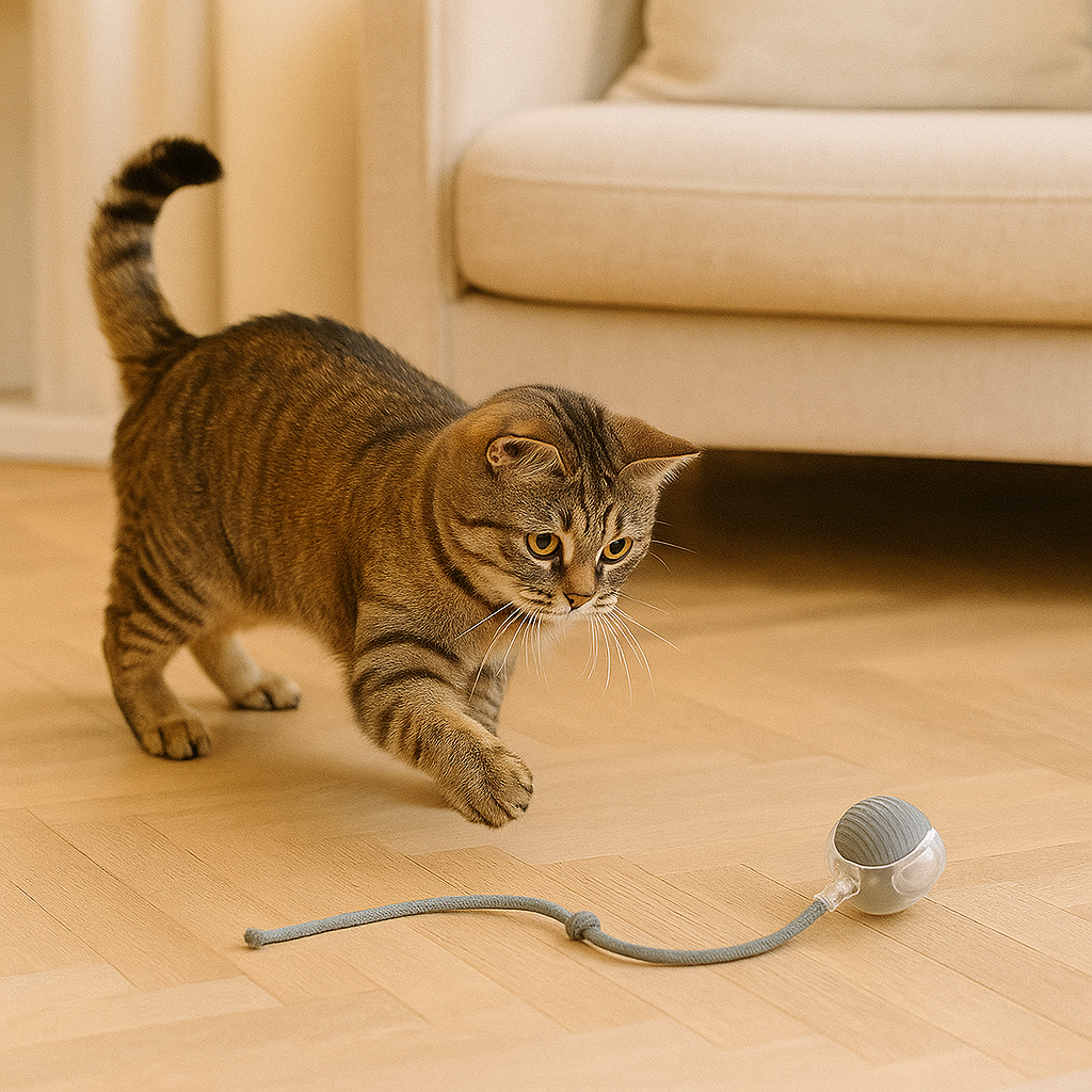 Interactive automatic cat play ball with feather, stimulating feline enrichment and exercise