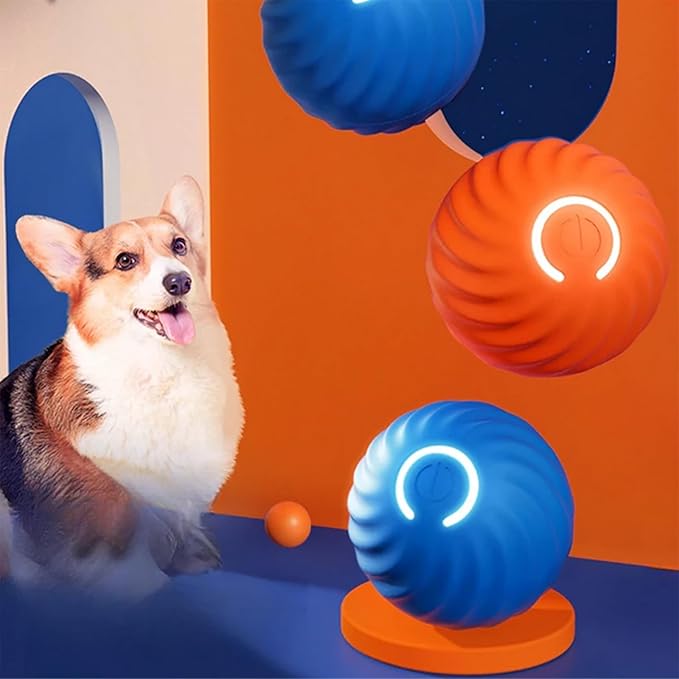 Bouncy pet toy, automatic jumping dog ball with textured surface for canine play.