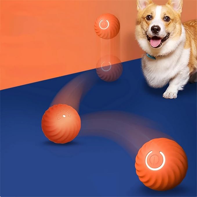 Dog toy, interactive automatic jumping ball, red and black, with a happy dog.