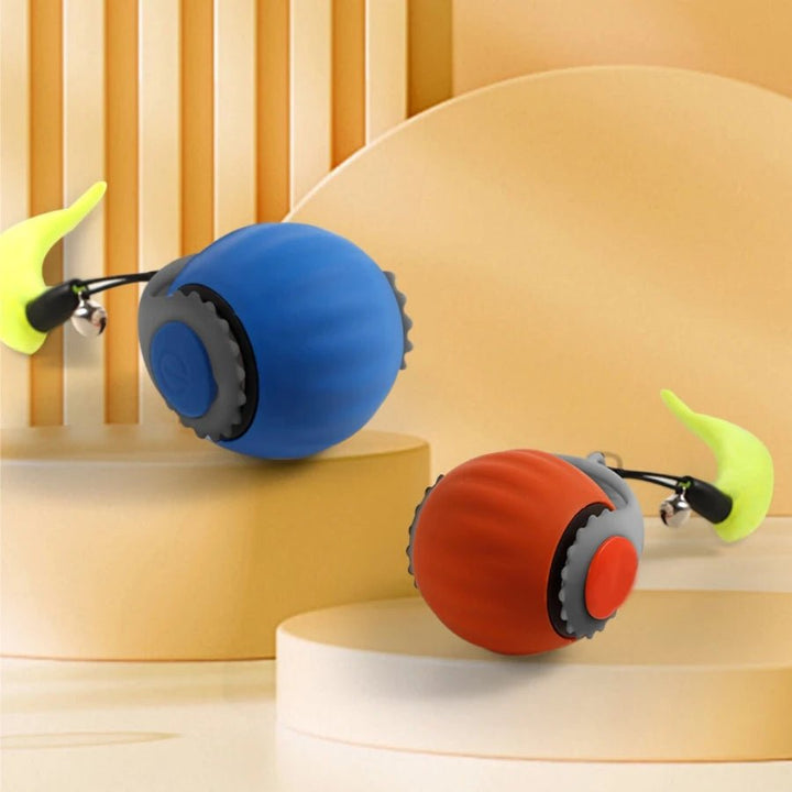 Cat pouncing on an automatic rolling ball toy, illustrating interactive pet entertainment.