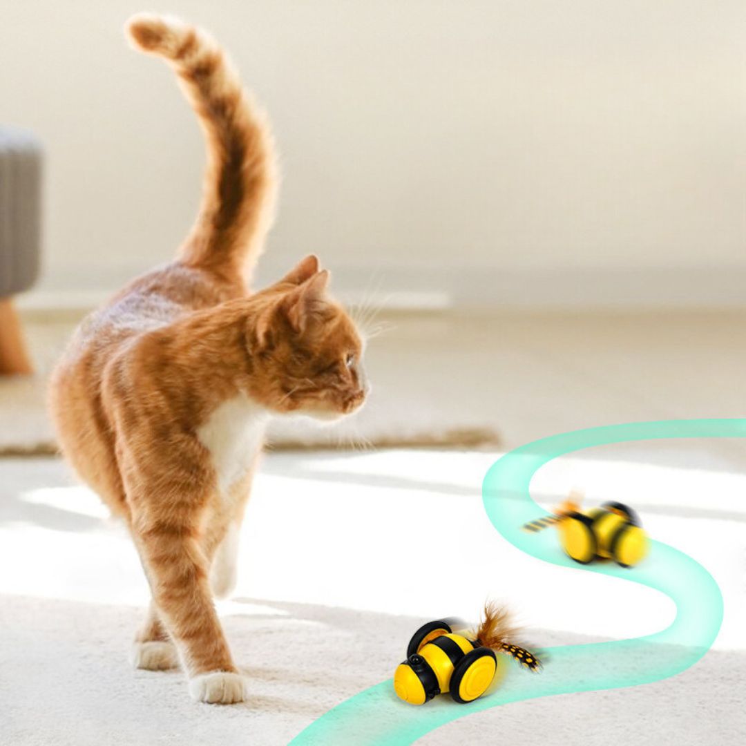 Close-up of a bee design feather cat toy, stimulating and fun pet supplies