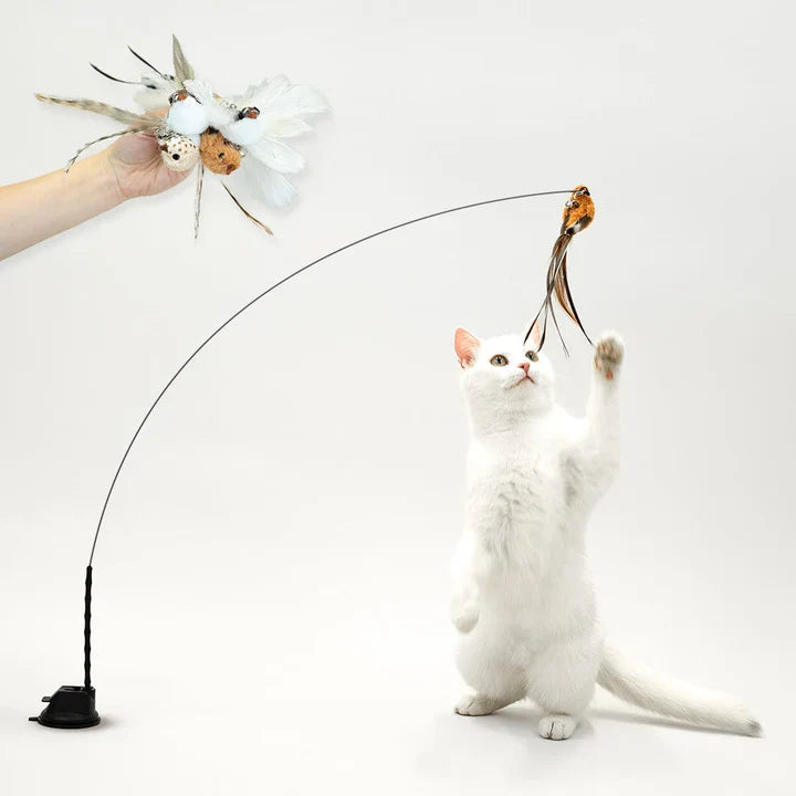 Cat wand with realistic bird simulation and feather toy for engaging playtime.
