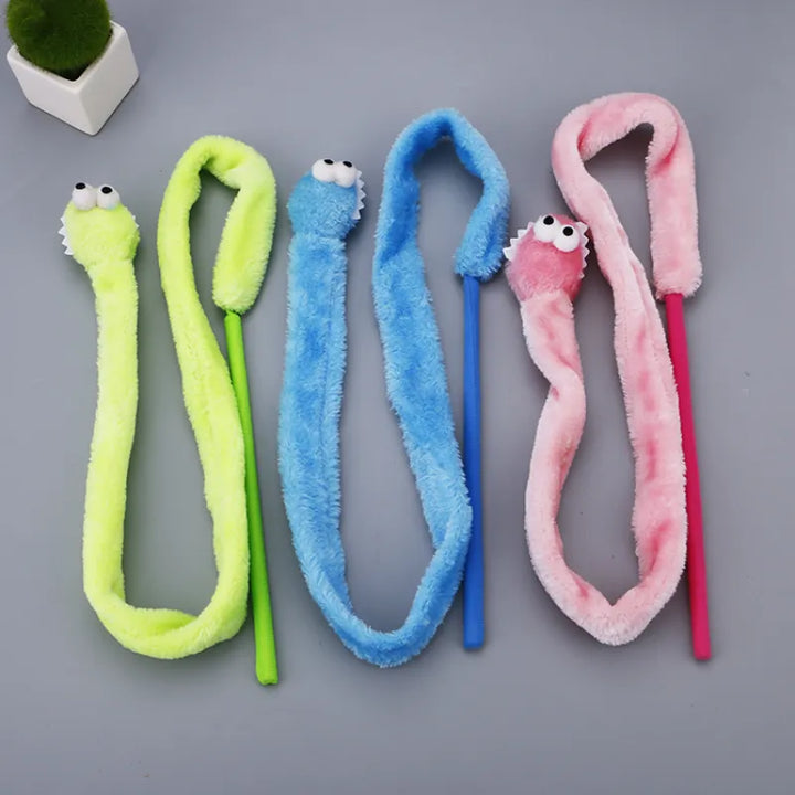Interactive blue cat wand toy with a plush pink worm, stimulating feline enrichment and play