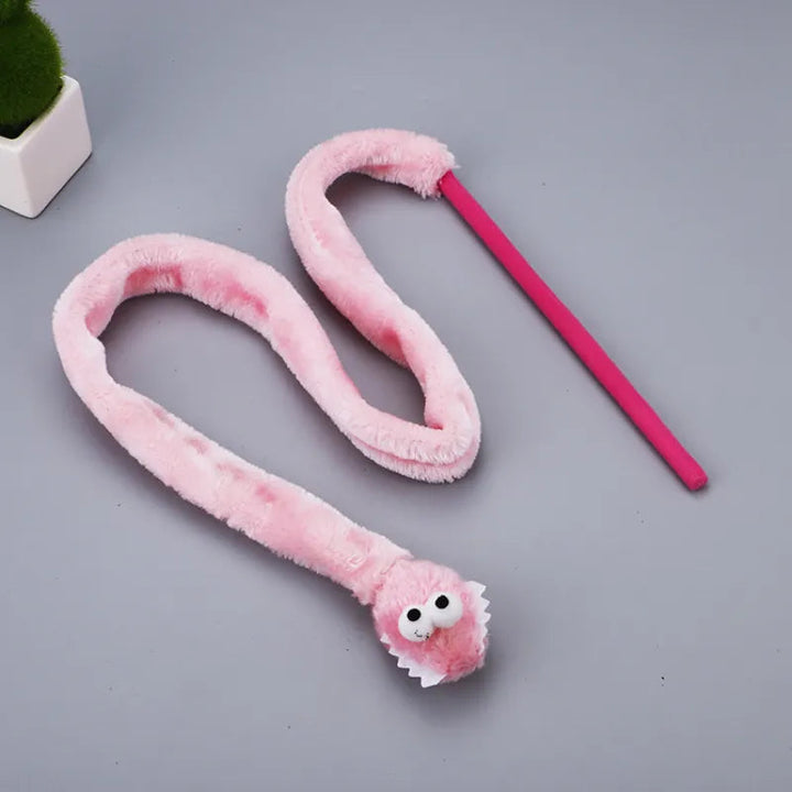Cat toy interactive wand featuring a vibrant pink plush worm, designed for engaging feline fun