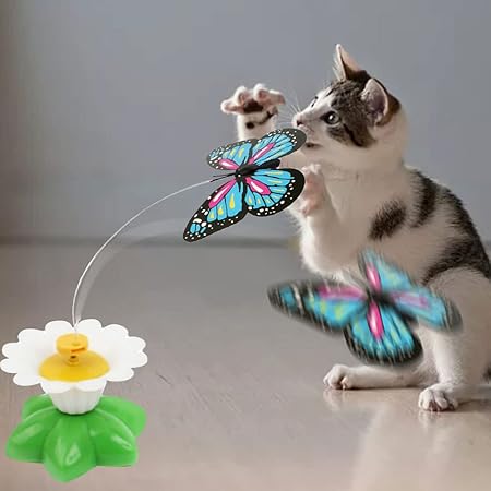 Interactive butterfly cat toy with a rotating butterfly, engaging felines in playtime enrichment.