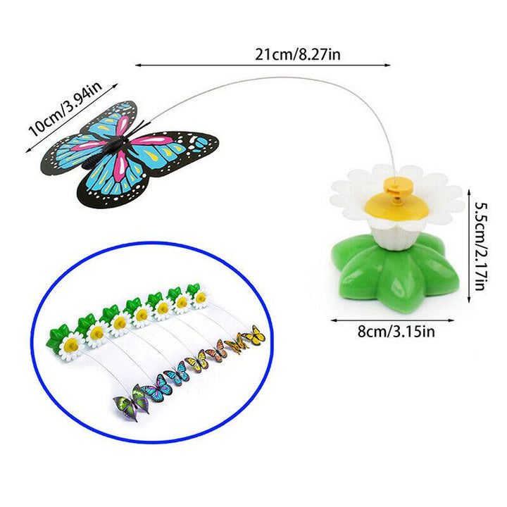 Cat enrichment toy featuring a realistic spinning butterfly on a wire, perfect for feline fun.