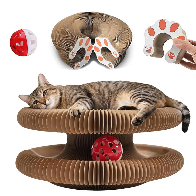 Interactive cat accordion scratcher toy with a ball track for feline enrichment