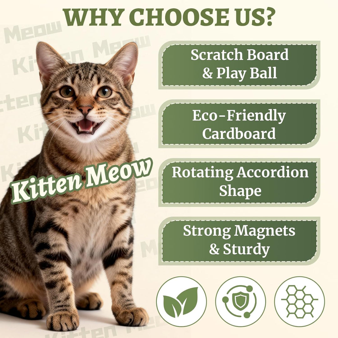 Long accordion cat scratcher with an integrated ball track for endless play