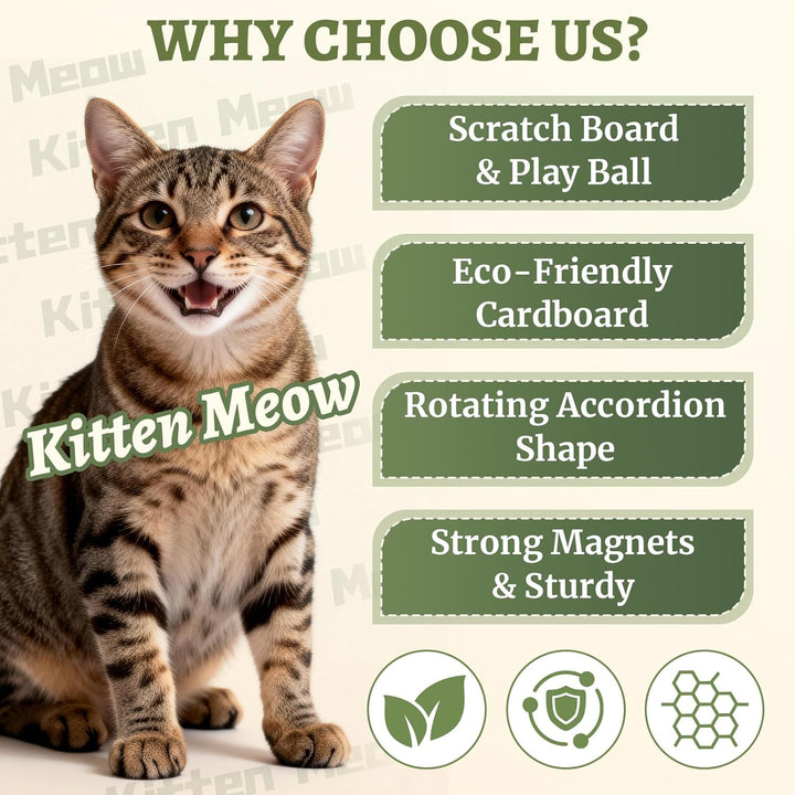 Long accordion cat scratcher with an integrated ball track for endless play