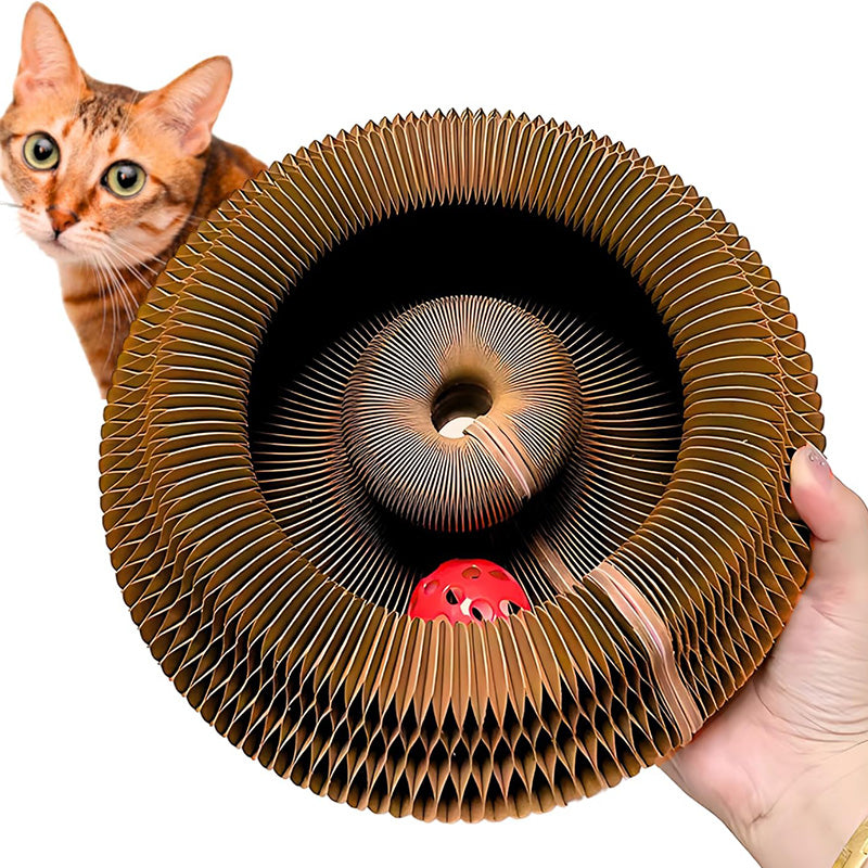 Accordion cat scratcher for feline entertainment & nail health with rolling ball