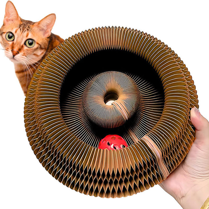 Accordion cat scratcher for feline entertainment & nail health with rolling ball