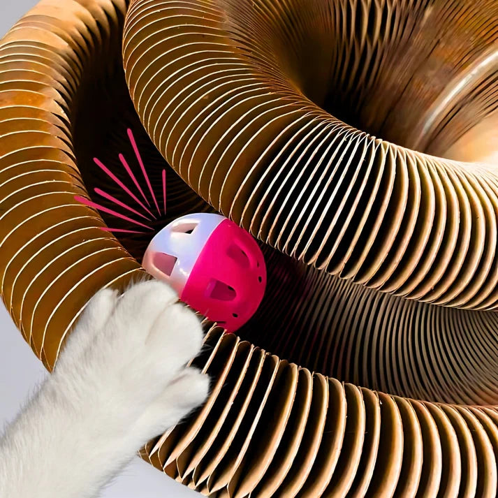 Feline enrichment cat toy, accordion scratcher with a circular ball track