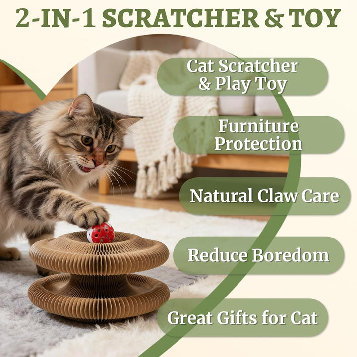 Durable cat scratcher and ball track toy in an accordion design for cats