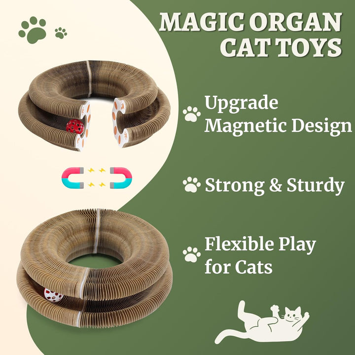 Close-up of interactive cat accordion scratcher toy showing ball in track