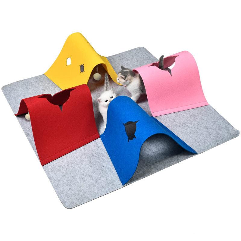 Interactive cat activity mat tunnel toy with peek-a-boo holes for pet enrichment