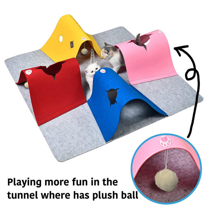 Cat activity mat with attached tunnel, designed for feline fun and exercise