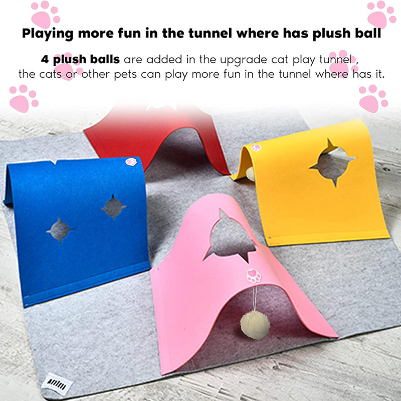 Close-up of a cat exploring the felt interactive activity play mat tunnel toy
