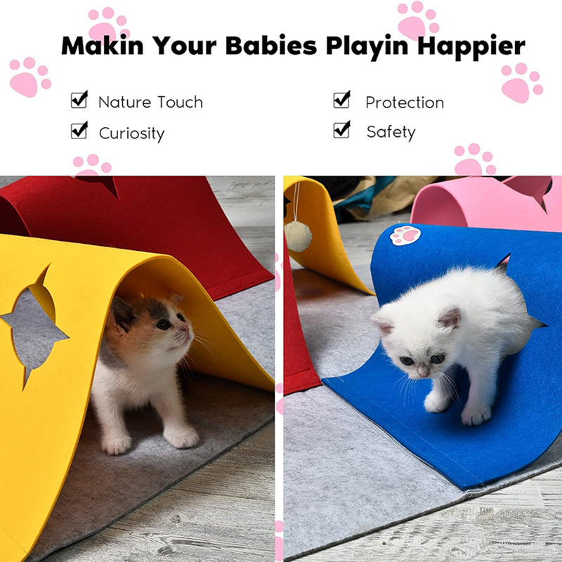 Foldable cat enrichment toy, an interactive activity play mat tunnel in action