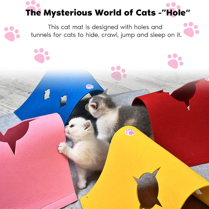 Overhead view of an interactive cat activity mat tunnel toy, ready for play