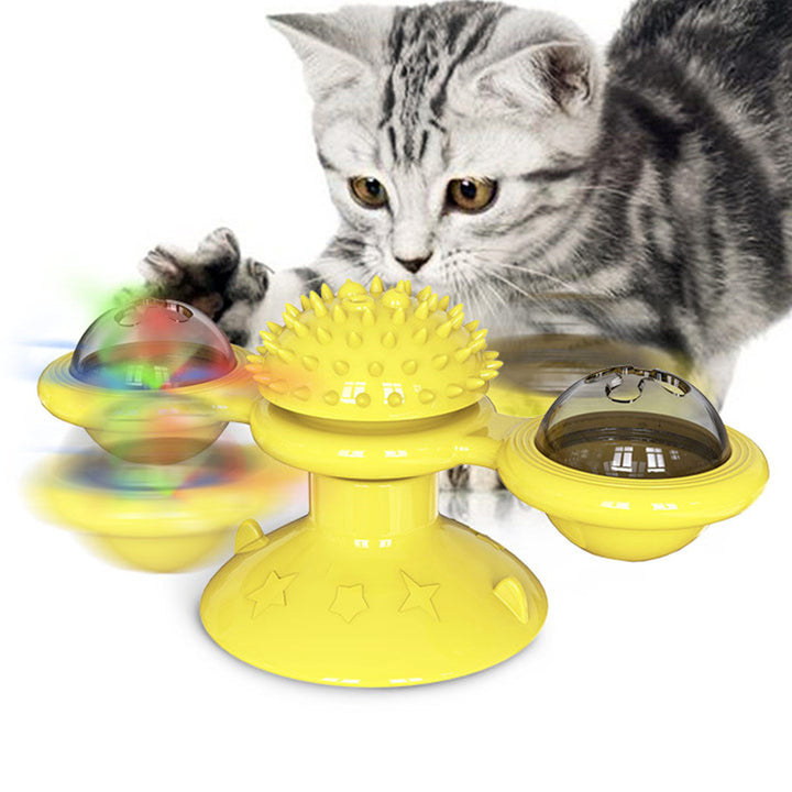 High-angle view of a new interactive cat spinner toy, a great pet gift for hours of feline fun.