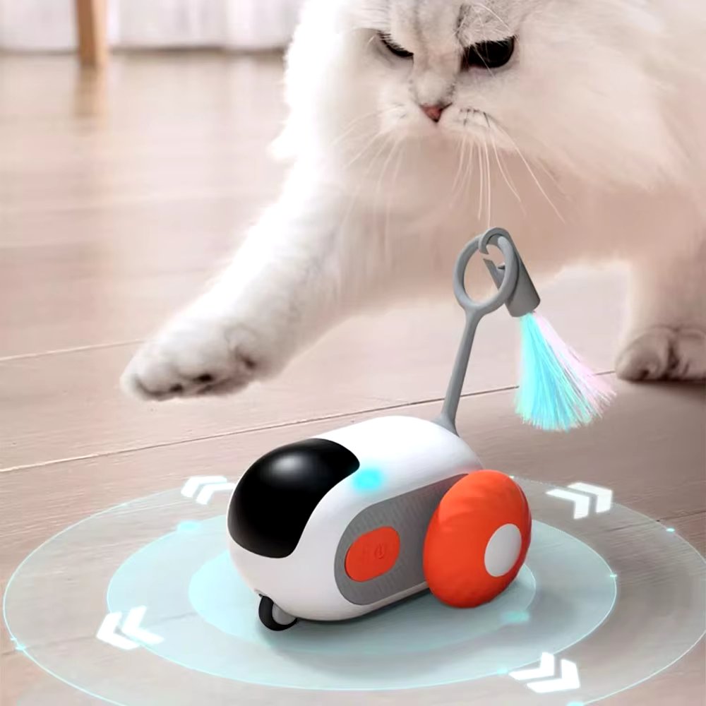 Rechargeable interactive cat chase toy provides independent play for felines, relieving boredom.