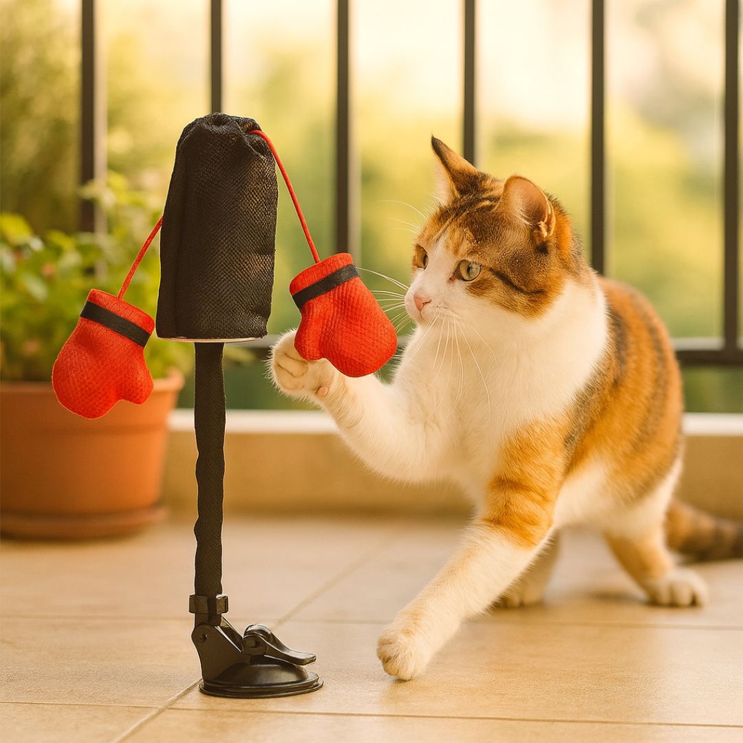 Red interactive door hanger cat toy with bell, perfect for active cat enrichment & pet supplies