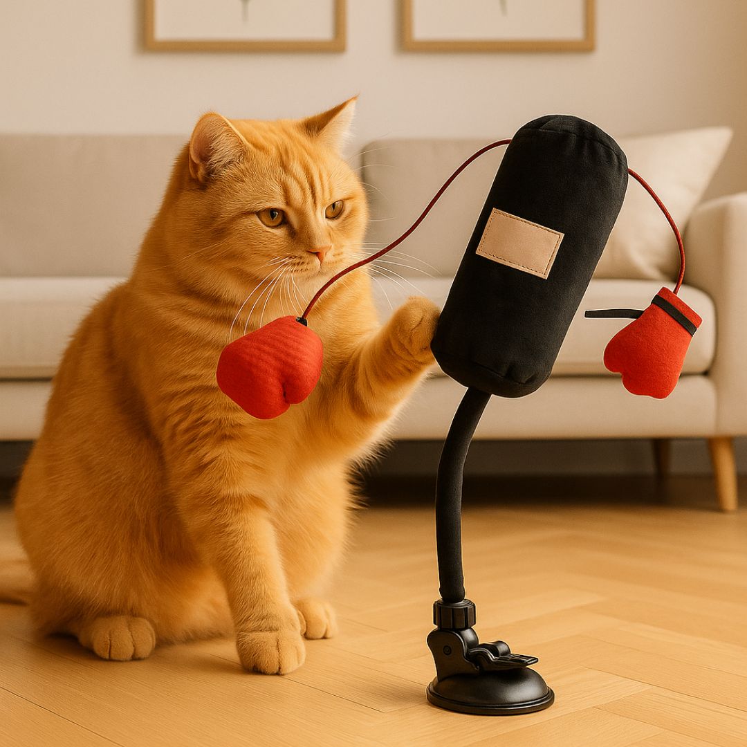 Close-up of a blue interactive cat door hanger toy with bell, engaging playtime accessory