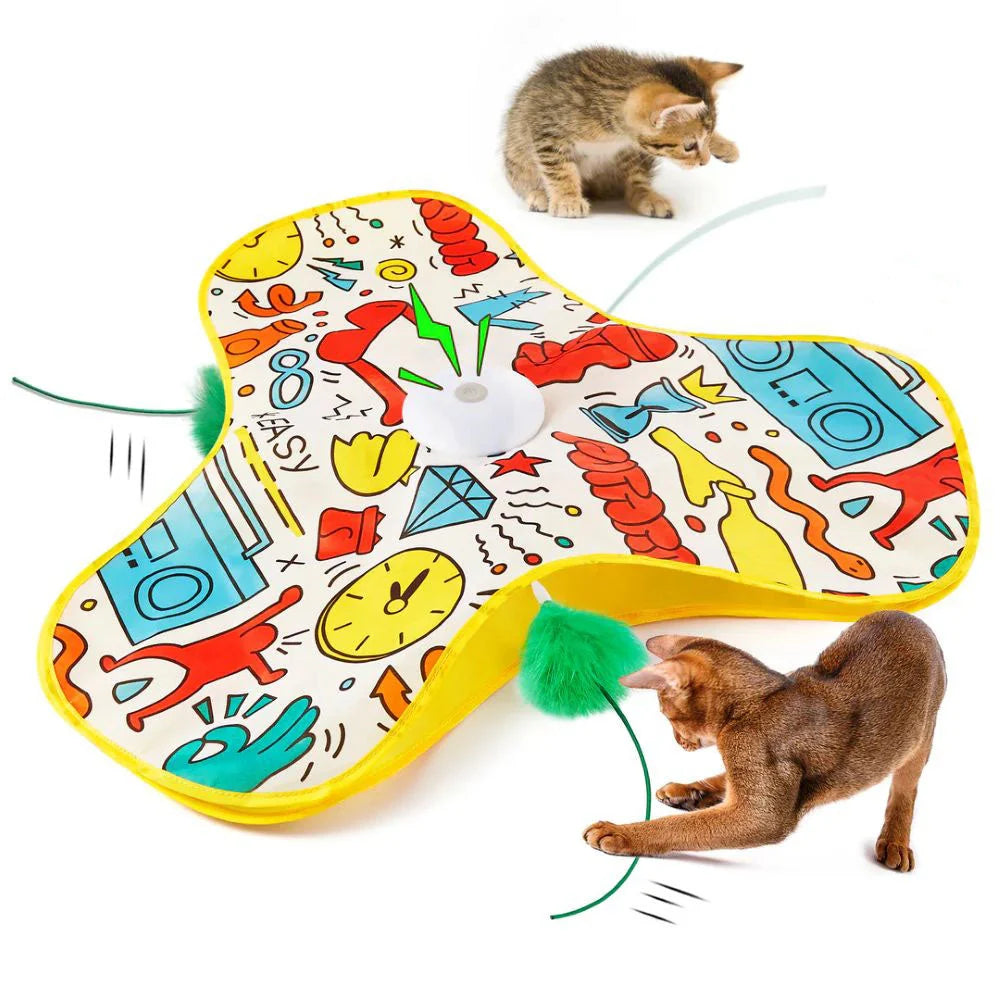 Interactive cat feather toy with automatic hide-and-seek motion for feline enrichment