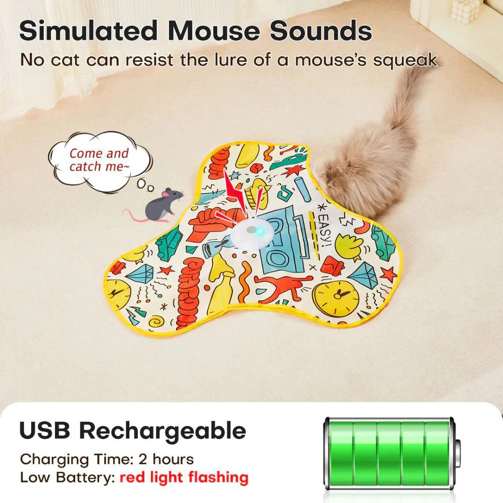 Interactive cat enrichment toy, simulating prey with pop-up feathers