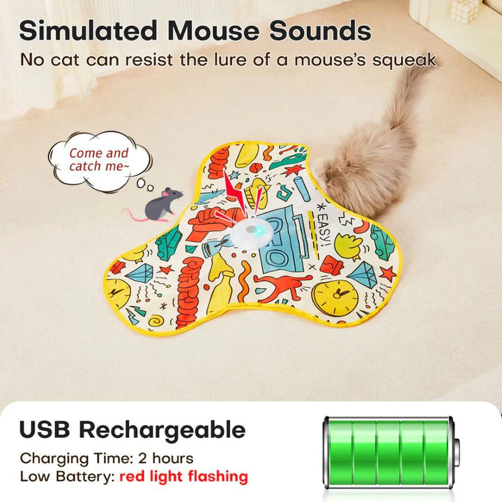 Interactive cat enrichment toy, simulating prey with pop-up feathers