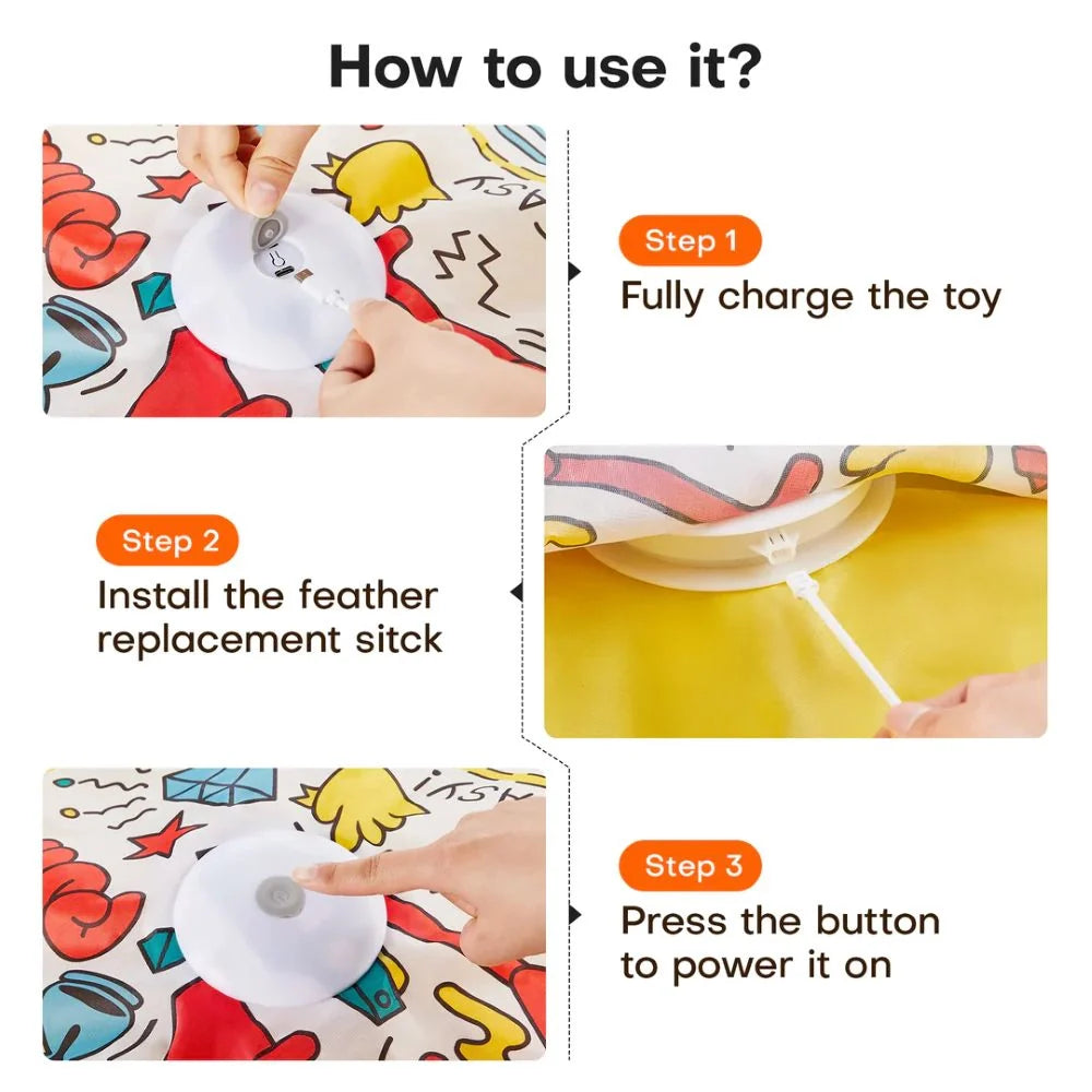 Automatic cat toy for mental and physical stimulation, featuring feather wand
